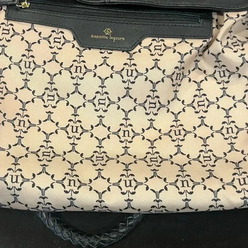 Nanette Lepore Leather Braided Handle Enamel Accent Tote Purse Satchel Bag Black